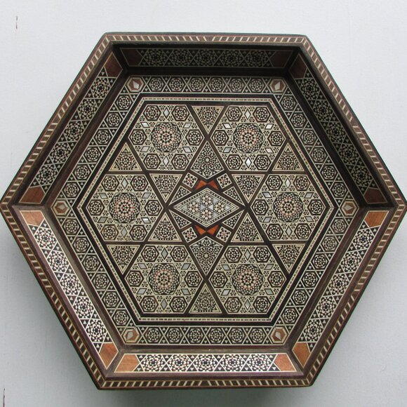 Unique 6-Sided Wood Tray with Inlays - Vintage - Picture 5 of 6